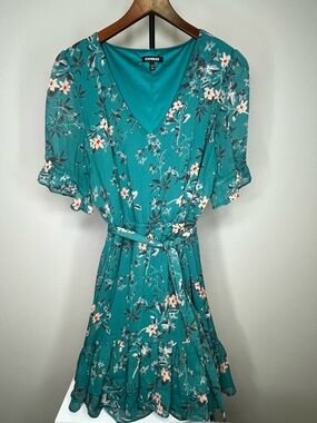 Express Teal Floral V-Neck Belted Midi Dress